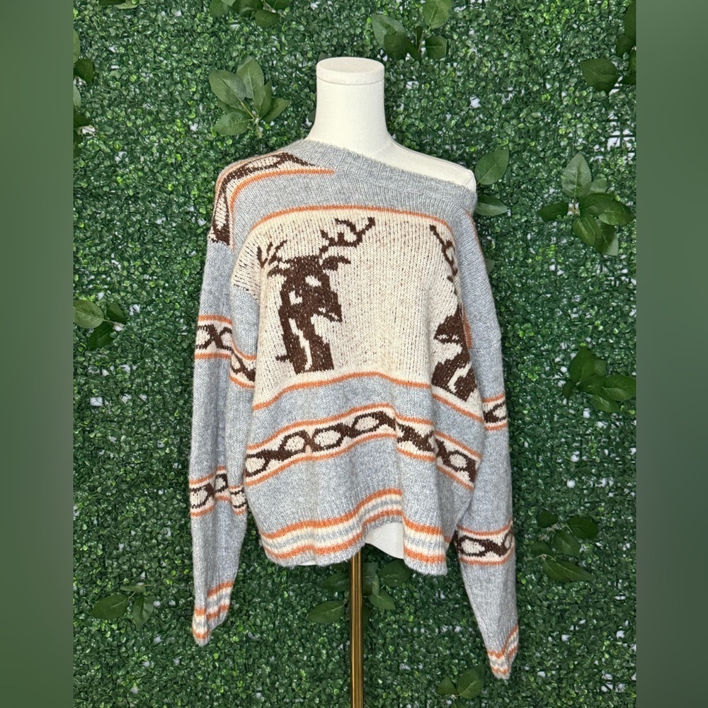Chic Off-the-Shoulder Blue Gray Reindeer Sweater